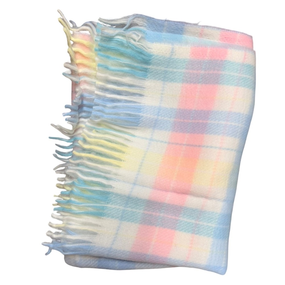 Vintage Made in USA Pastel Plaid Fringed Knit Blue Pink Yellow Baby Blanket